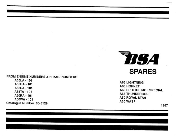 Parts Manual for 1966 BSA A50 Royal Star Wasp A65 Lightning Thunderbolt Hornet 