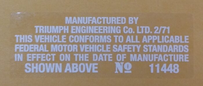 Triumph Manufactured by Triumph Engineering Co LTD 2/71 Decal