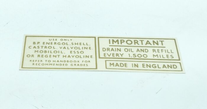 Triumph Oil Information with "Made in England" Decal - Gold - 4" x 1-1/4"