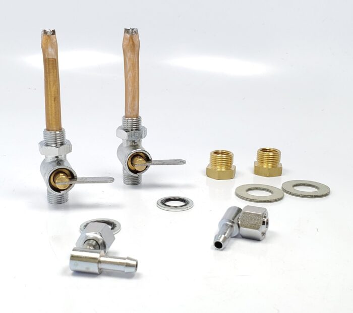 Triumph Flat Blade Petcock Set and BSA Gas Tank Adapter - With 90 Degree Elbow and 4 Sealing Washers - UK