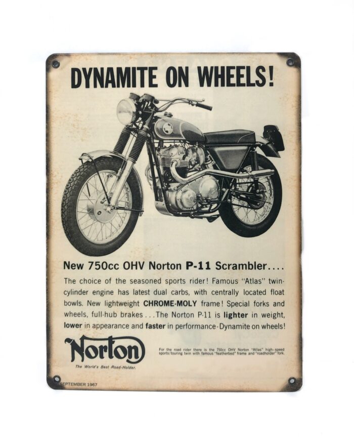Metal Norton Sign, "Dynamite on Wheels", 12" x 9"